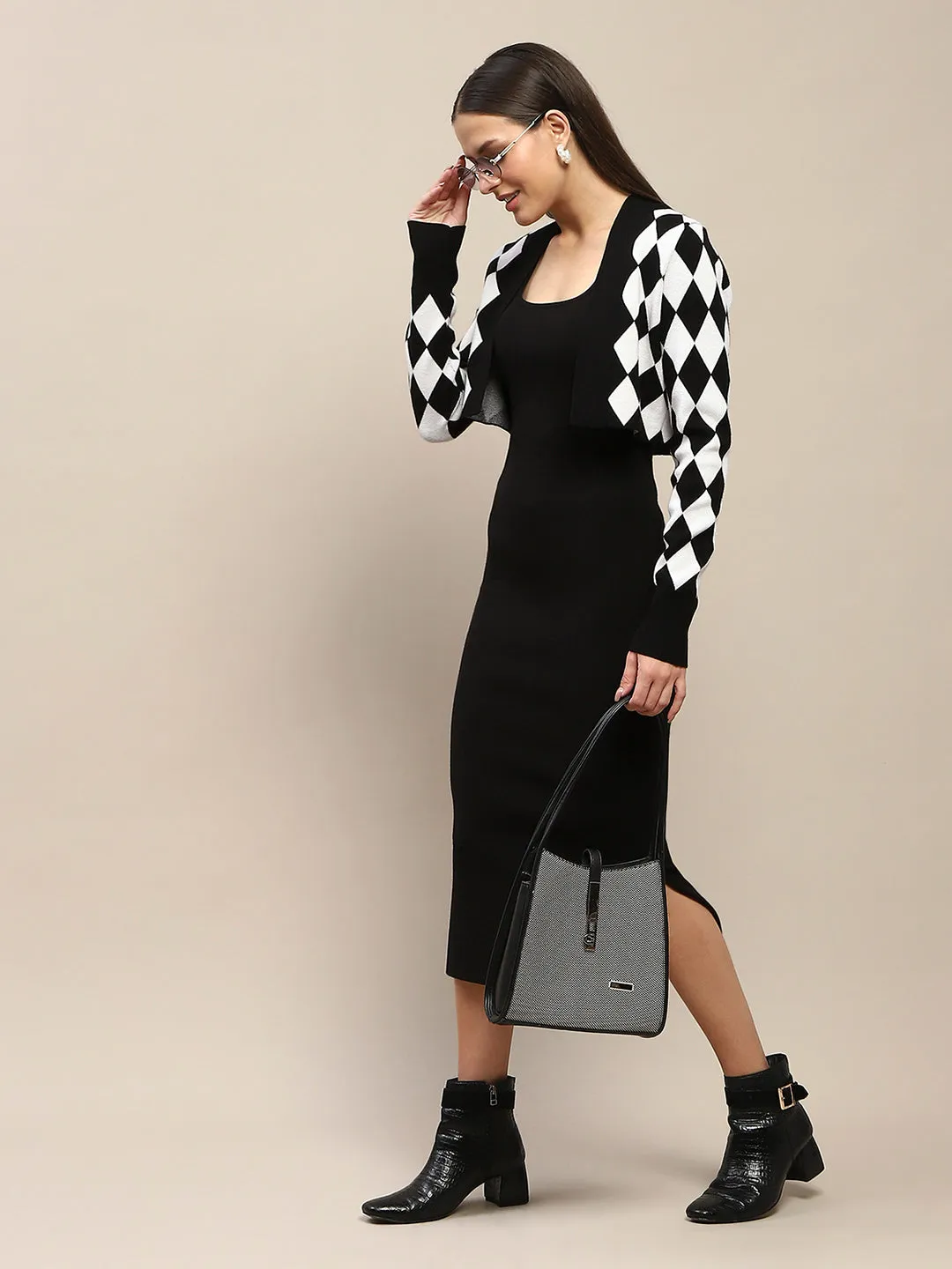 Madame Geometric Print Shrug and Solid Dress Black Coord Set