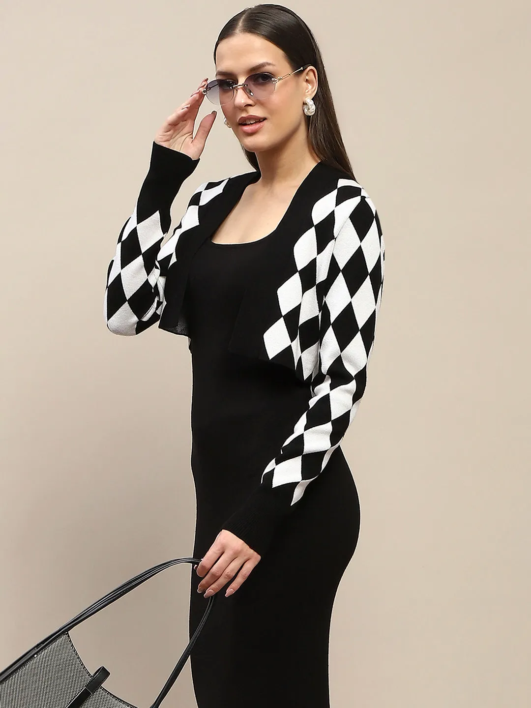 Madame Geometric Print Shrug and Solid Dress Black Coord Set