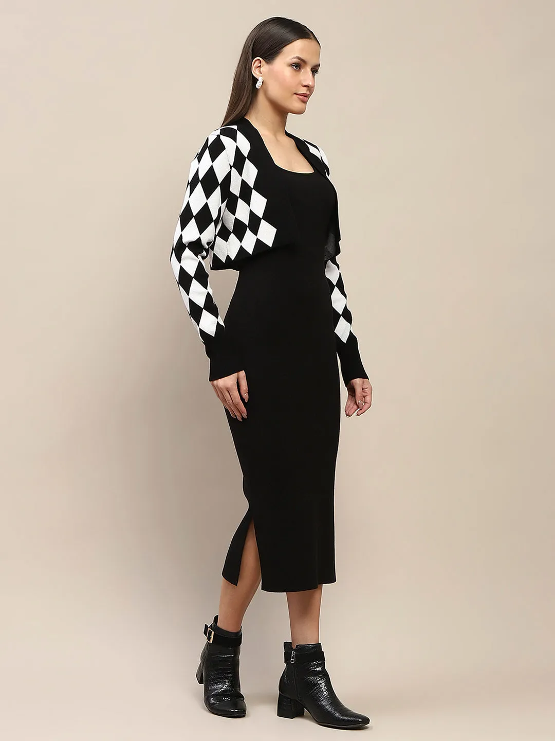 Madame Geometric Print Shrug and Solid Dress Black Coord Set