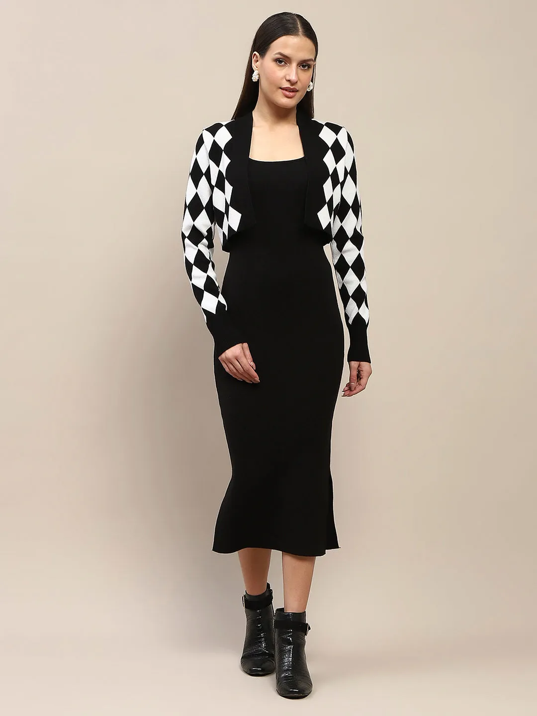Madame Geometric Print Shrug and Solid Dress Black Coord Set