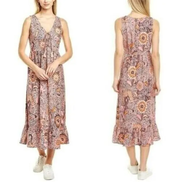 Madewell Lace-Up Ruffle-Hem Midi Dress in Bali Blooms- NWOT-