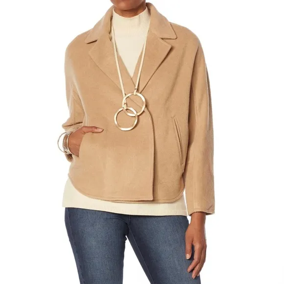 Marla Wynne Layers Camel Melton Wool Blend Snap Button Dolman Sleeve Coat Medium