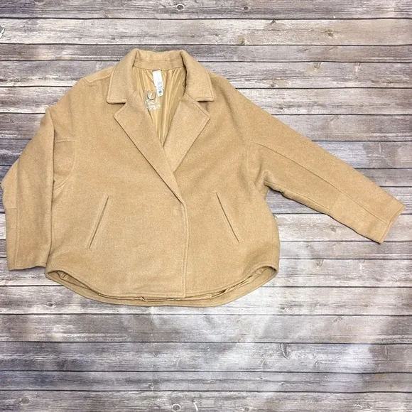 Marla Wynne Layers Camel Melton Wool Blend Snap Button Dolman Sleeve Coat Medium