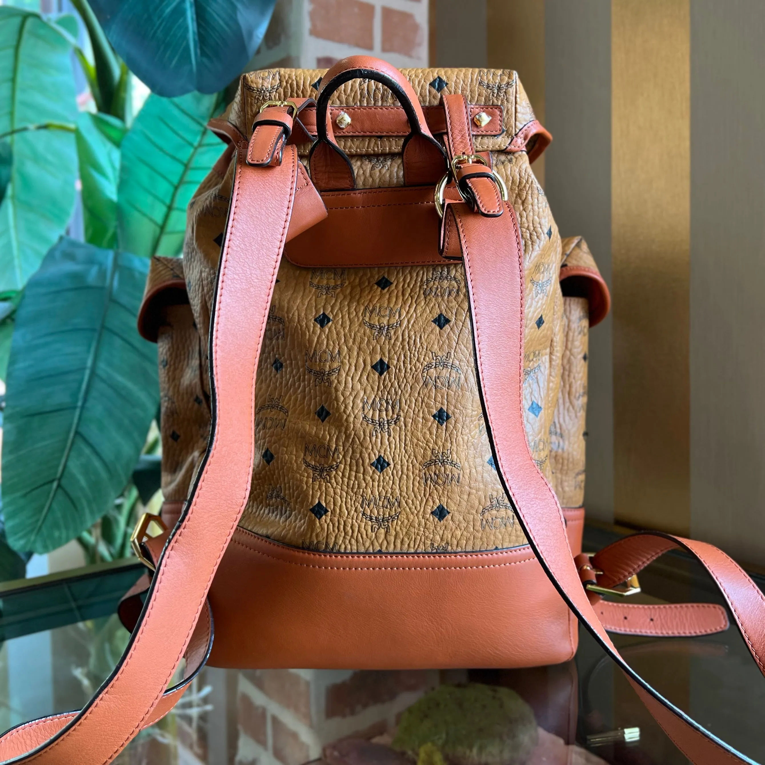 MCM Heritage Knapsack Tan Visetos Canvas Double Pocket Backpack Cognac
