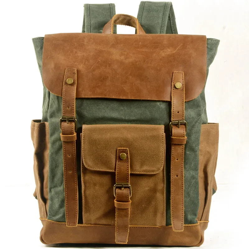 Men's Canvas Crazy Horse Leather Travel Backpack