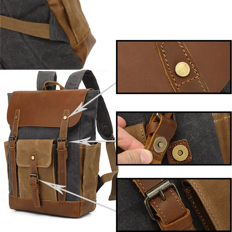 Men's Canvas Crazy Horse Leather Travel Backpack