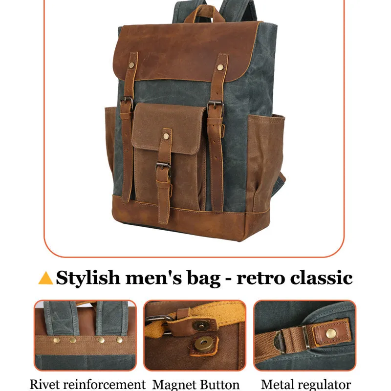 Men's Canvas Crazy Horse Leather Travel Backpack