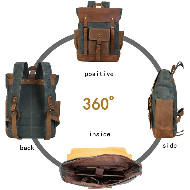 Men's Canvas Crazy Horse Leather Travel Backpack