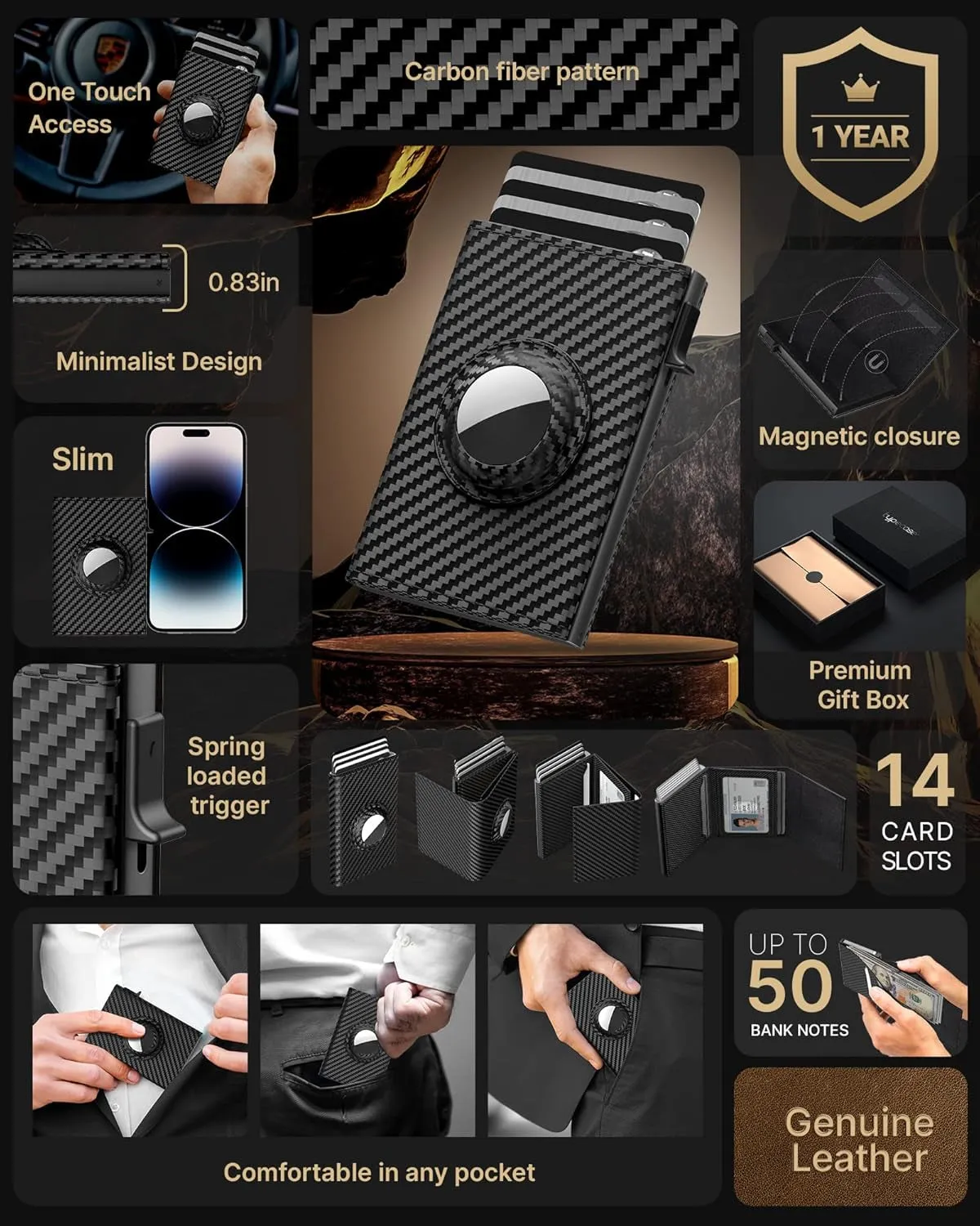 Mens Carbon Fiber Pop-Up Wallet with AirTag Holder