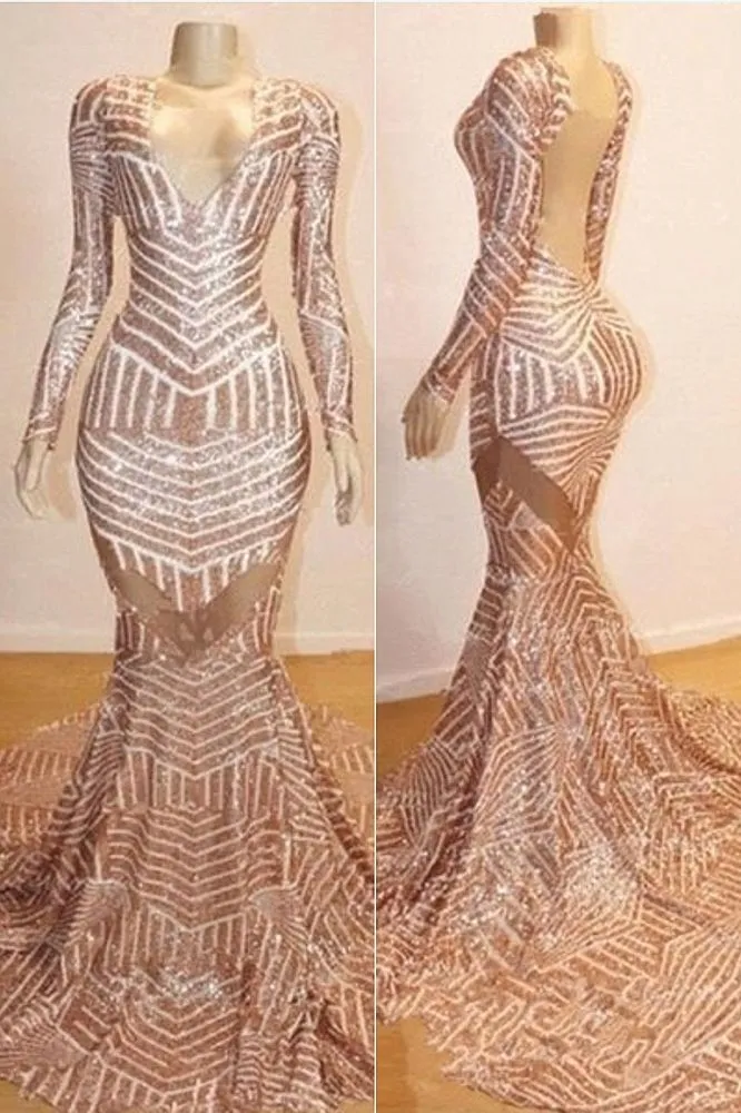 Mermaid Long Sleevess V-neck Sequined Sweep Train Prom Dresses