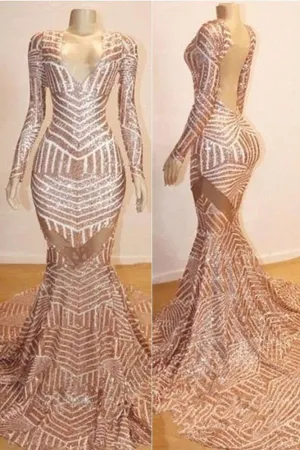 Mermaid Long Sleevess V-neck Sequined Sweep Train Prom Dresses