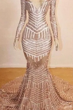 Mermaid Long Sleevess V-neck Sequined Sweep Train Prom Dresses