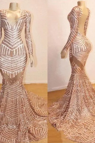 Mermaid Long Sleevess V-neck Sequined Sweep Train Prom Dresses