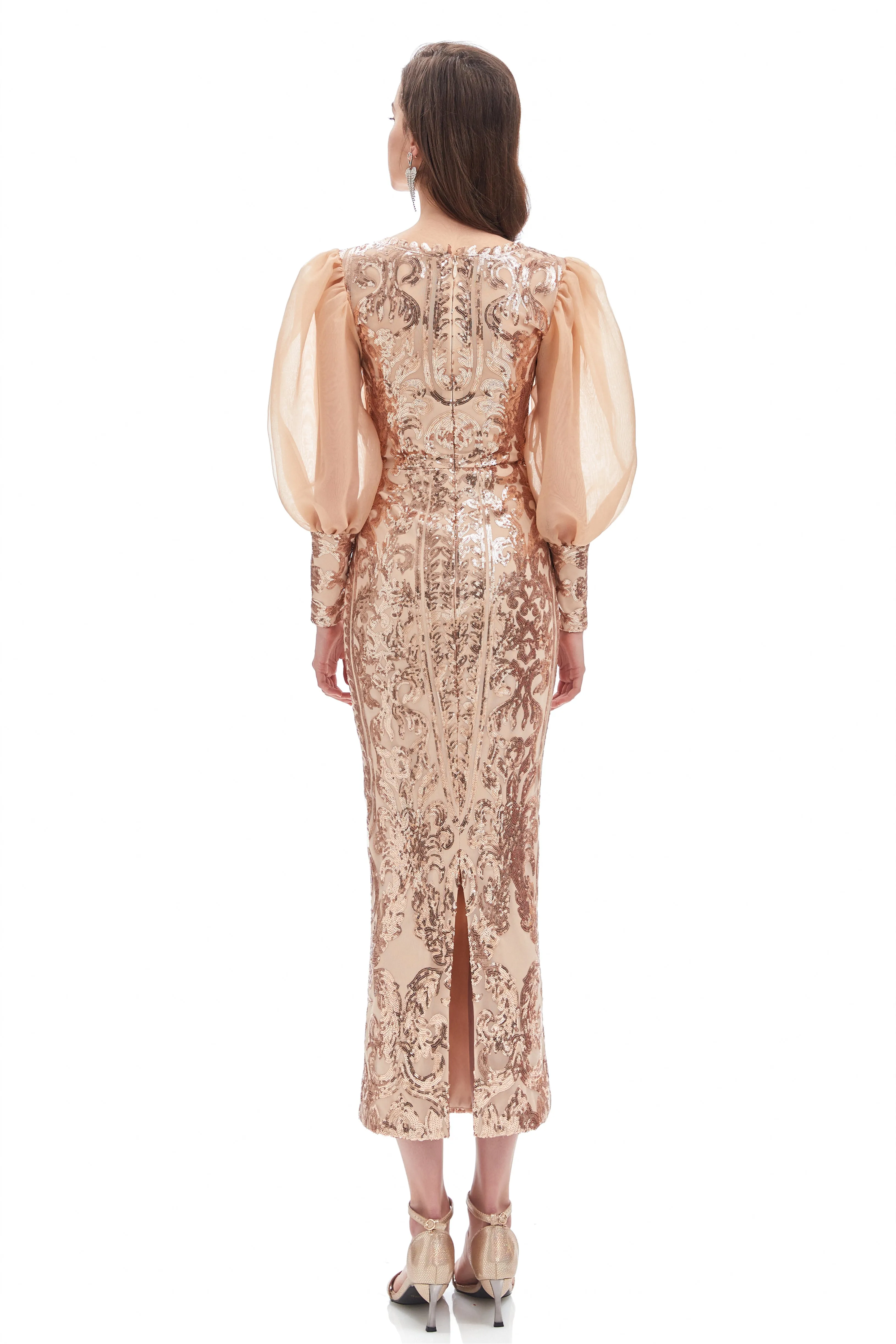Mermaid V-neck Lace Sequined Floor-length Long Sleeve Bubble Sleeves Prom Dress