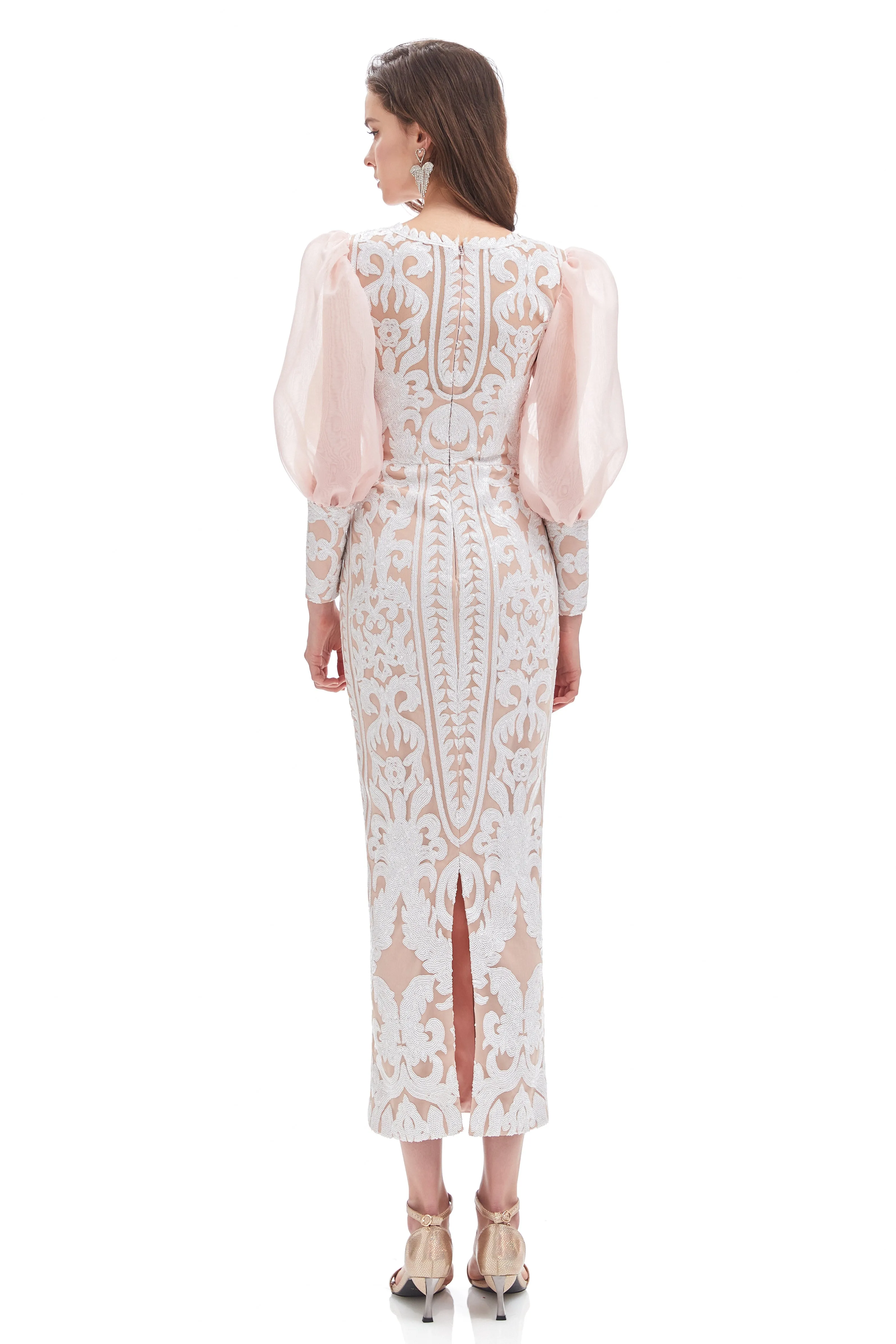 Mermaid V-neck Lace Sequined Floor-length Long Sleeve Bubble Sleeves Prom Dress
