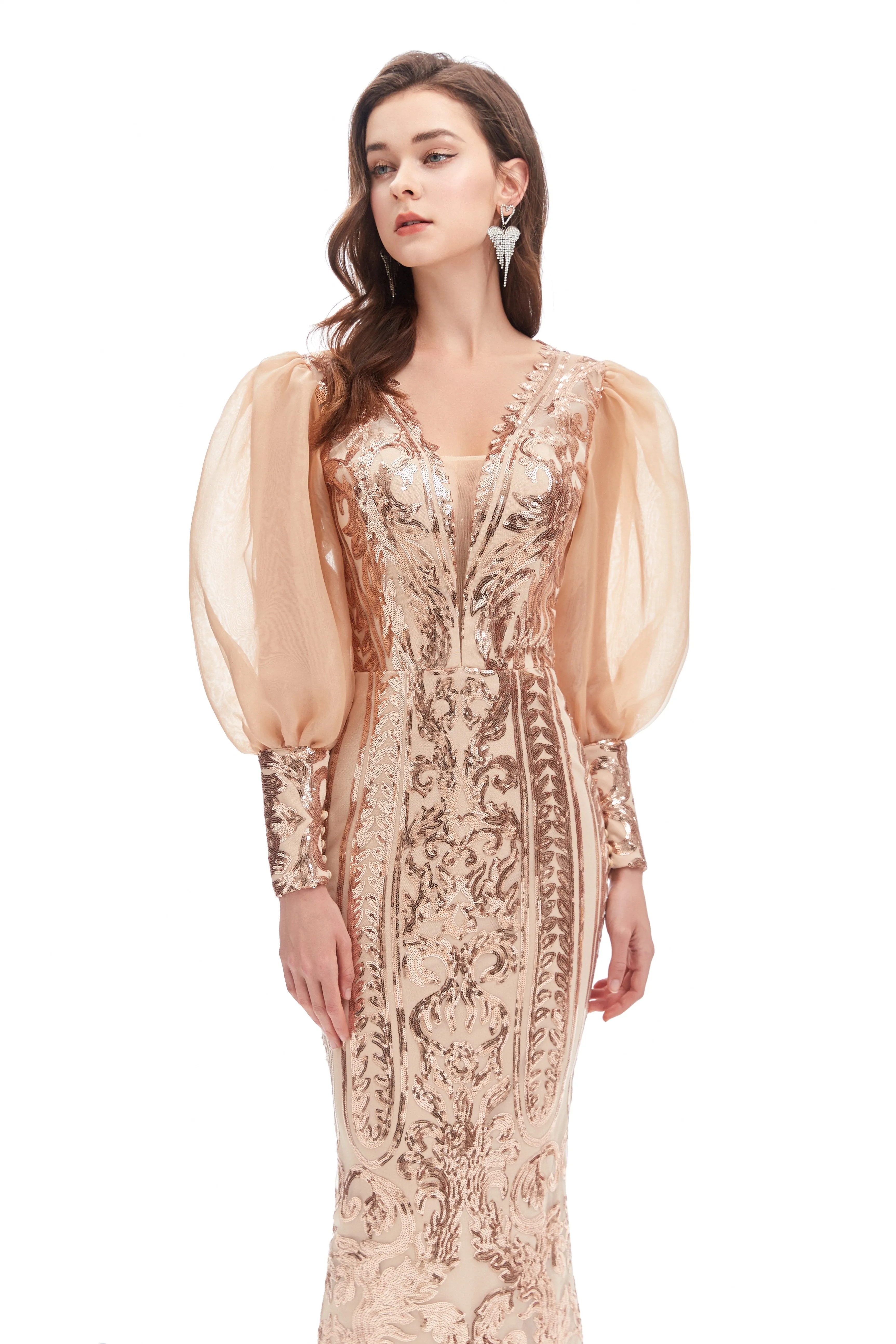 Mermaid V-neck Lace Sequined Floor-length Long Sleeve Bubble Sleeves Prom Dress