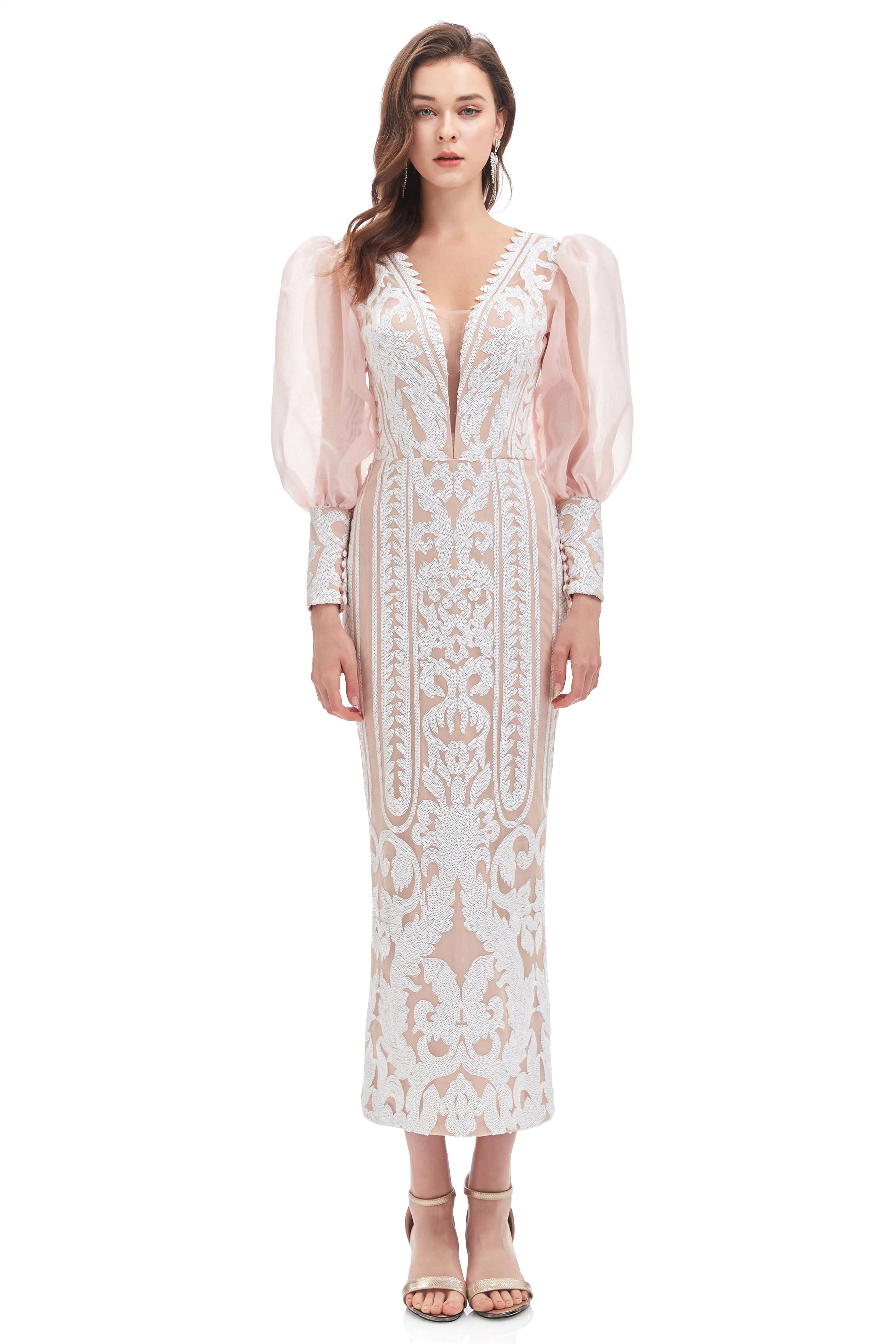 Mermaid V-neck Lace Sequined Floor-length Long Sleeve Bubble Sleeves Prom Dress