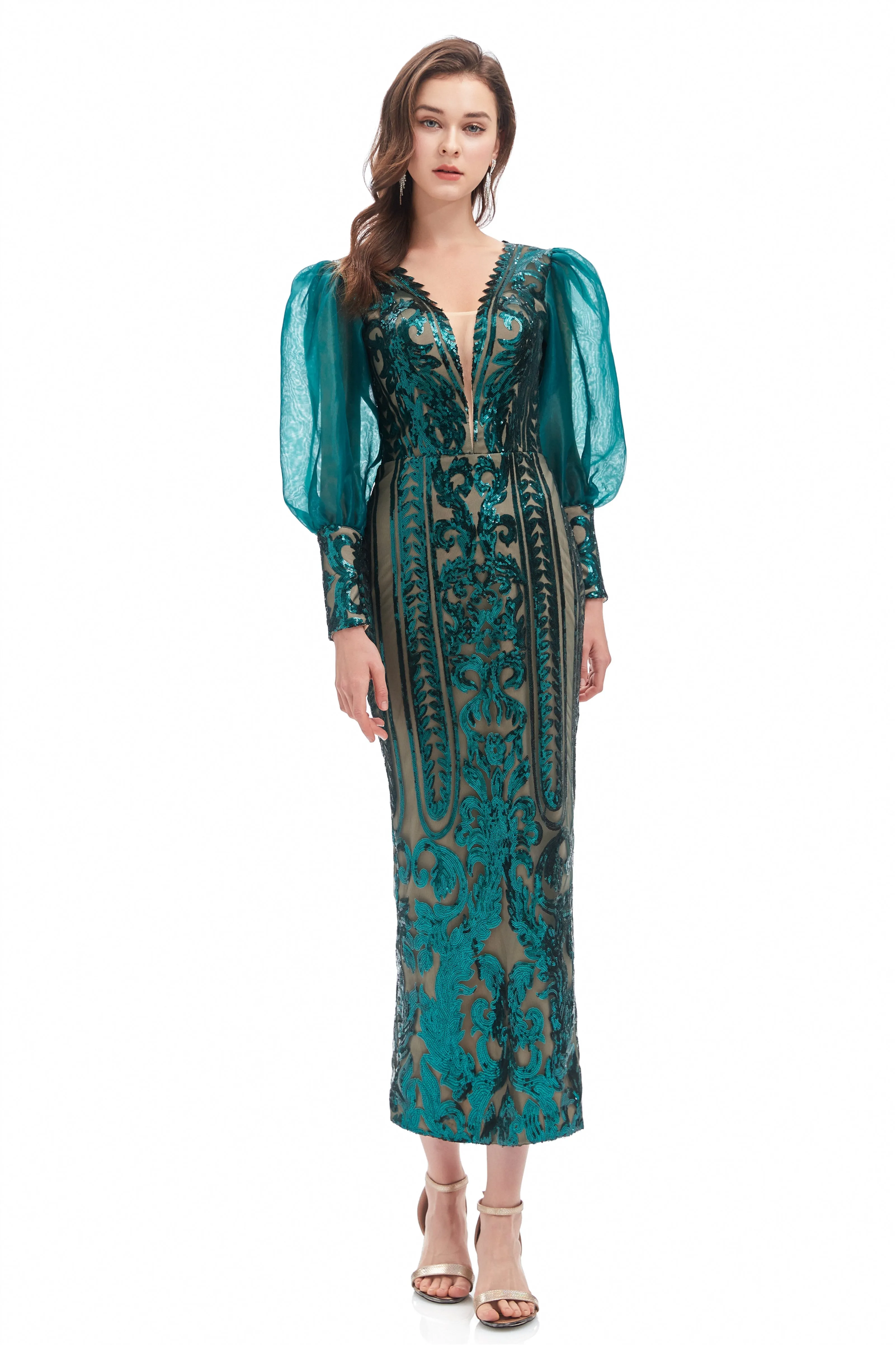 Mermaid V-neck Lace Sequined Floor-length Long Sleeve Bubble Sleeves Prom Dress