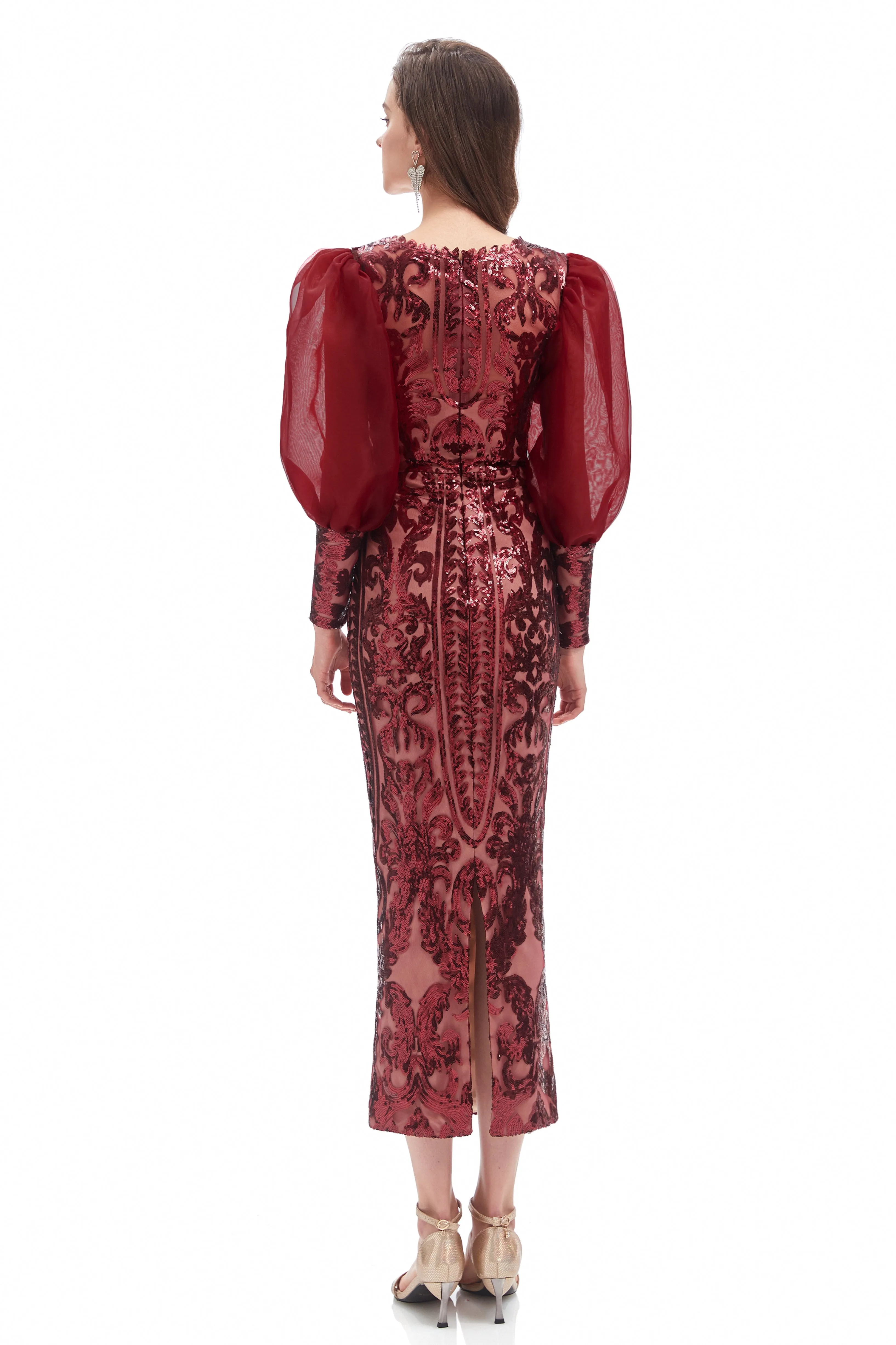 Mermaid V-neck Lace Sequined Floor-length Long Sleeve Bubble Sleeves Prom Dress