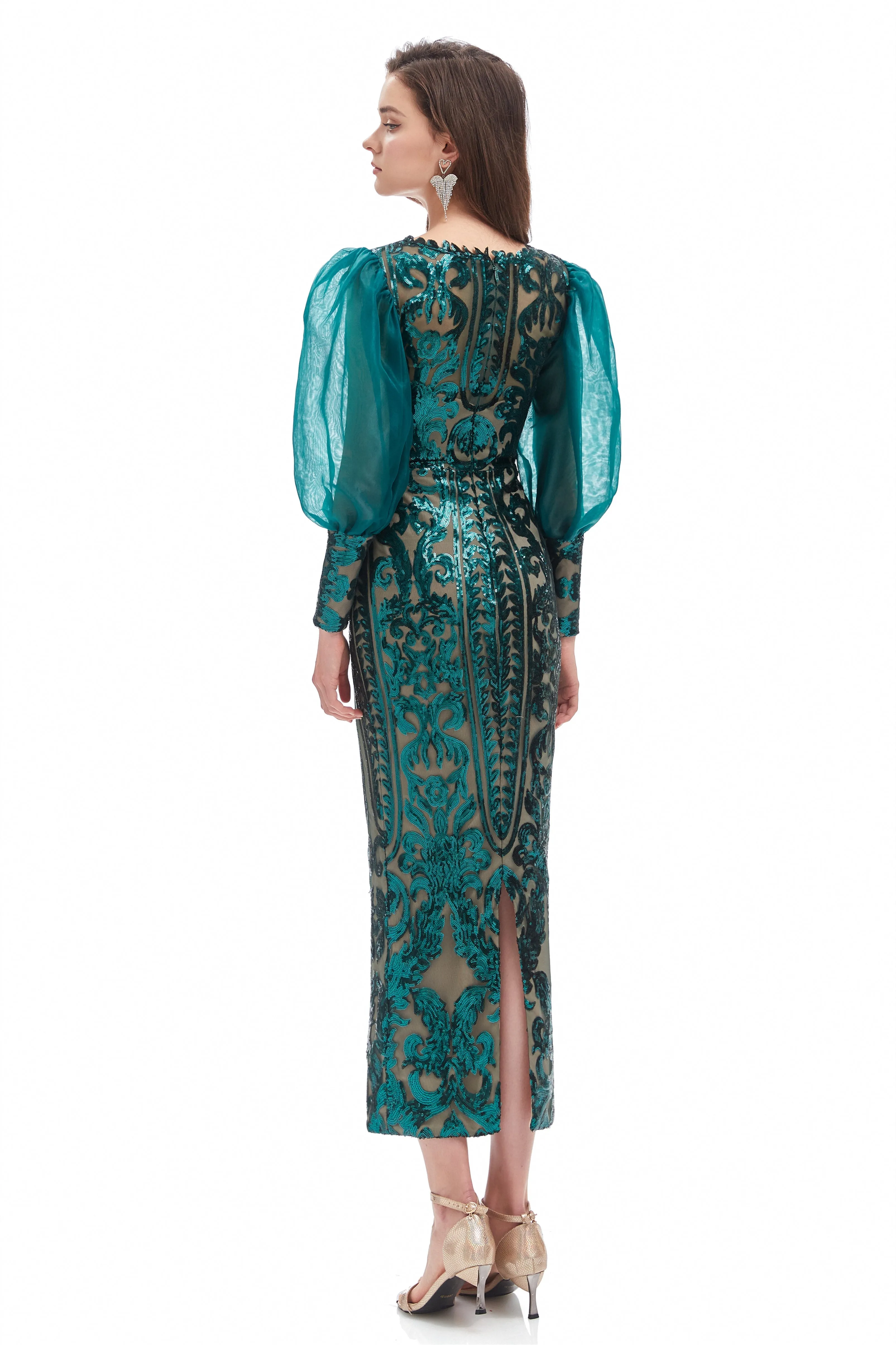 Mermaid V-neck Lace Sequined Floor-length Long Sleeve Bubble Sleeves Prom Dress
