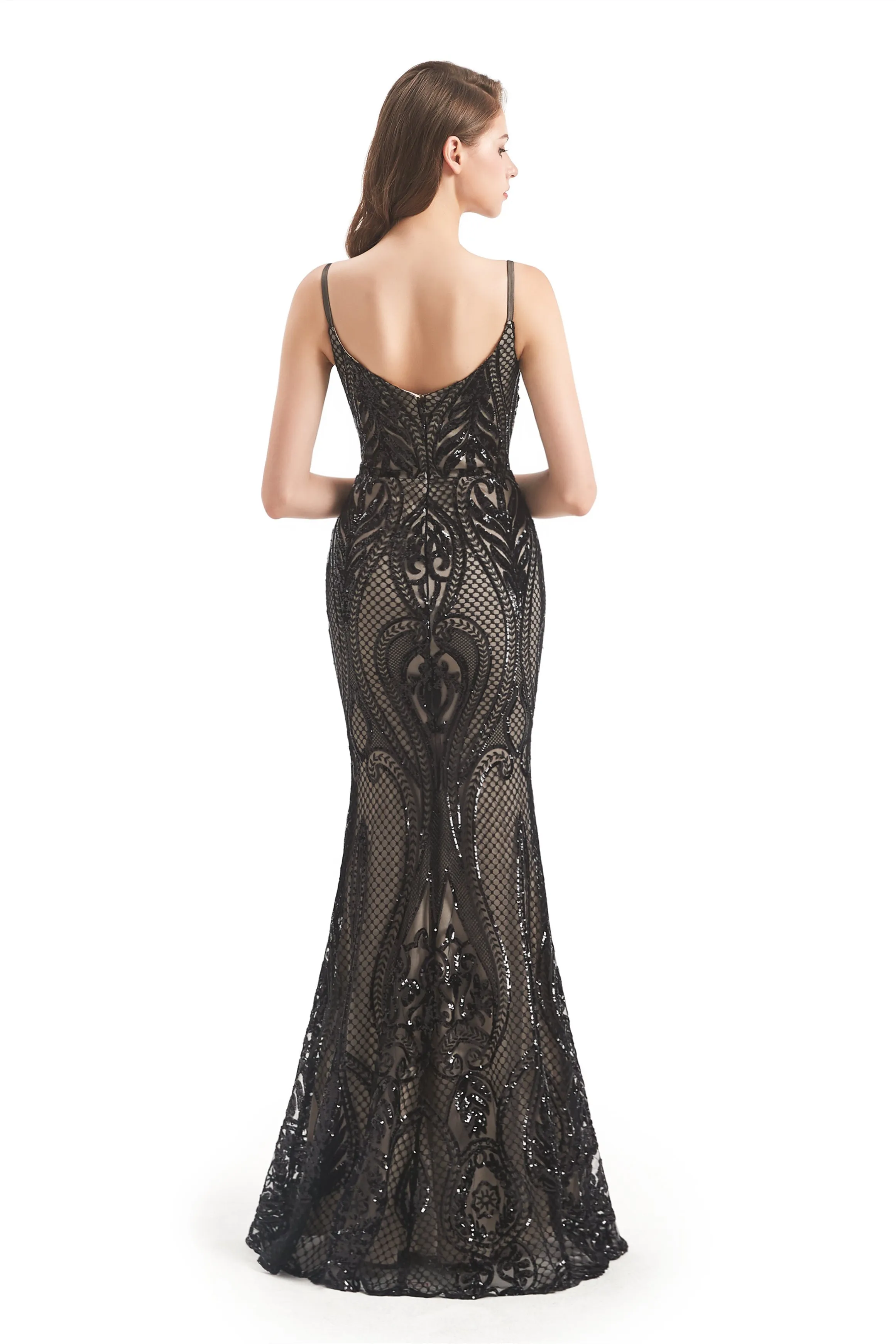 Mermaid V-neck Spaghetti strap Lace Sequined Floor-length Sleeveless Backless Prom Dress