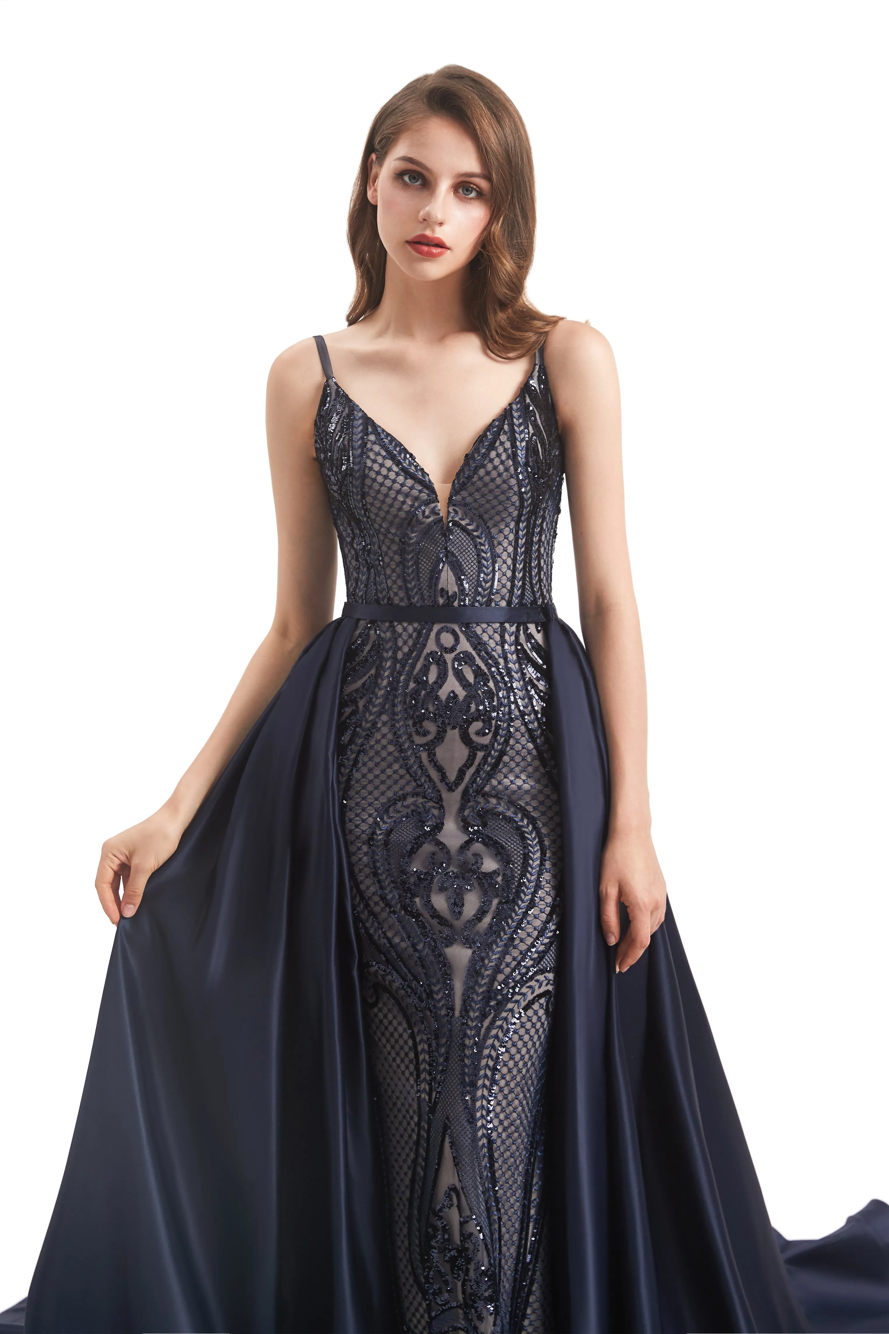 Mermaid V-neck Spaghetti strap Lace Sequined Floor-length Sleeveless Backless Prom Dress