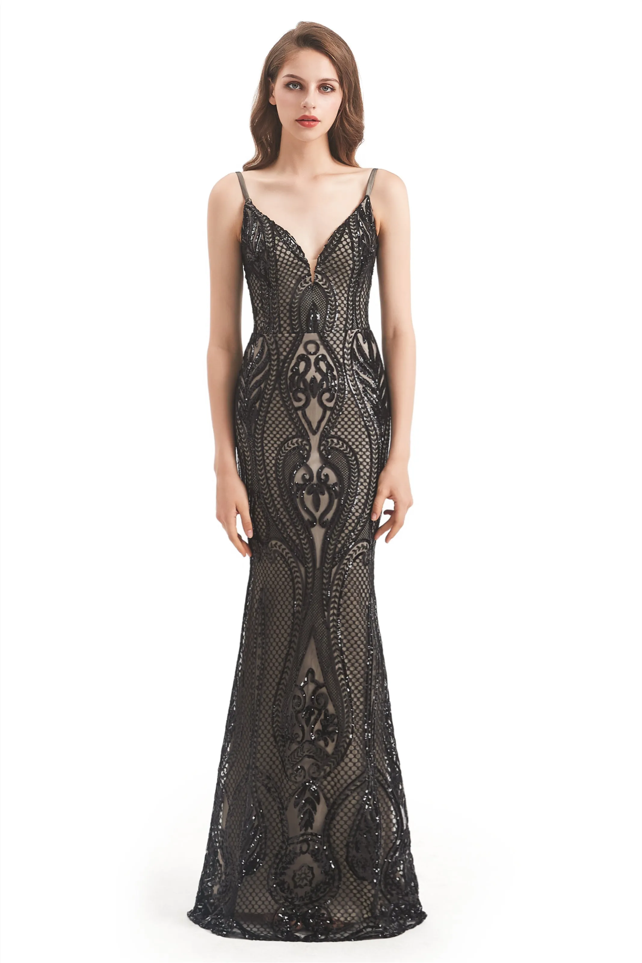 Mermaid V-neck Spaghetti strap Lace Sequined Floor-length Sleeveless Backless Prom Dress