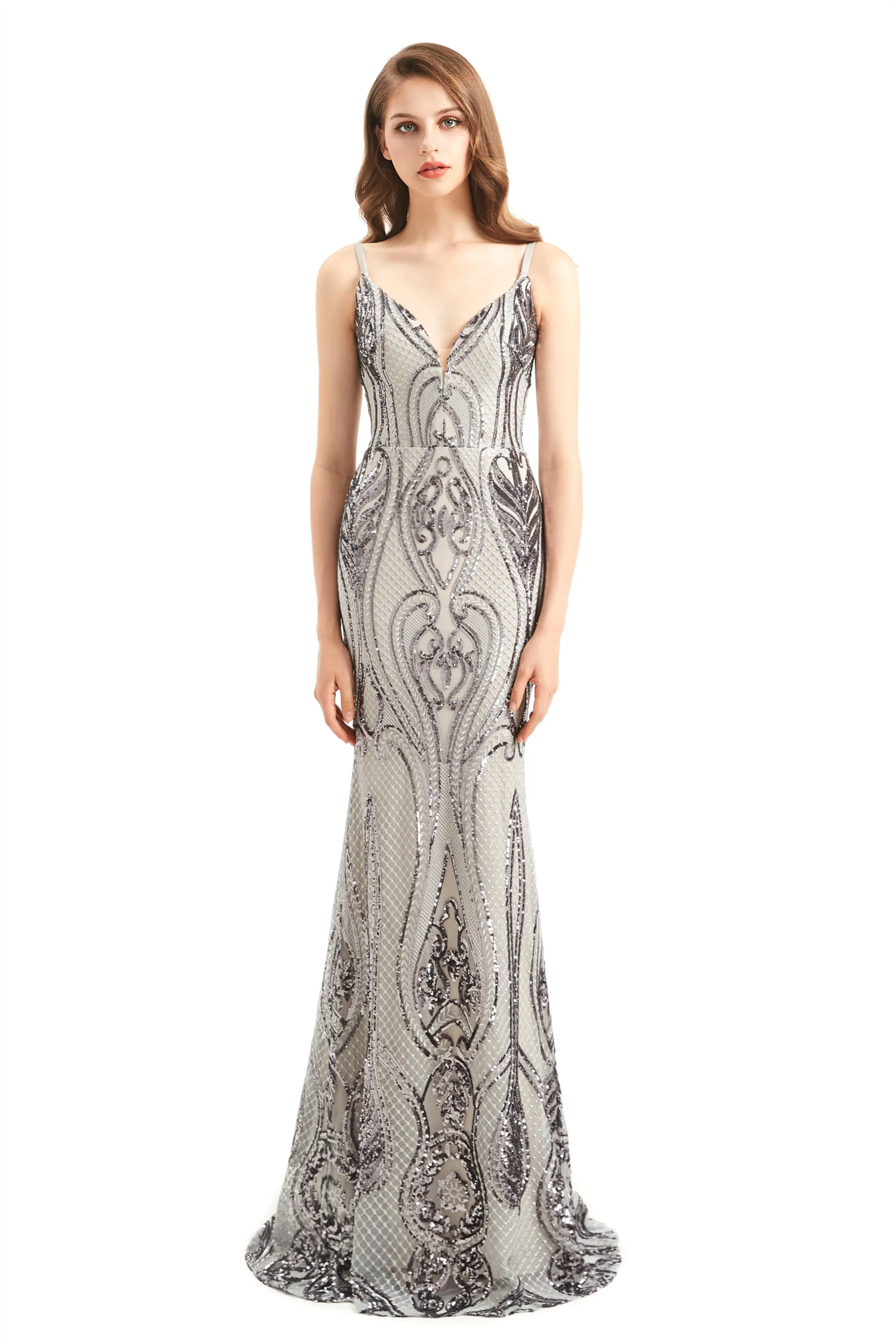 Mermaid V-neck Spaghetti strap Lace Sequined Floor-length Sleeveless Backless Prom Dress