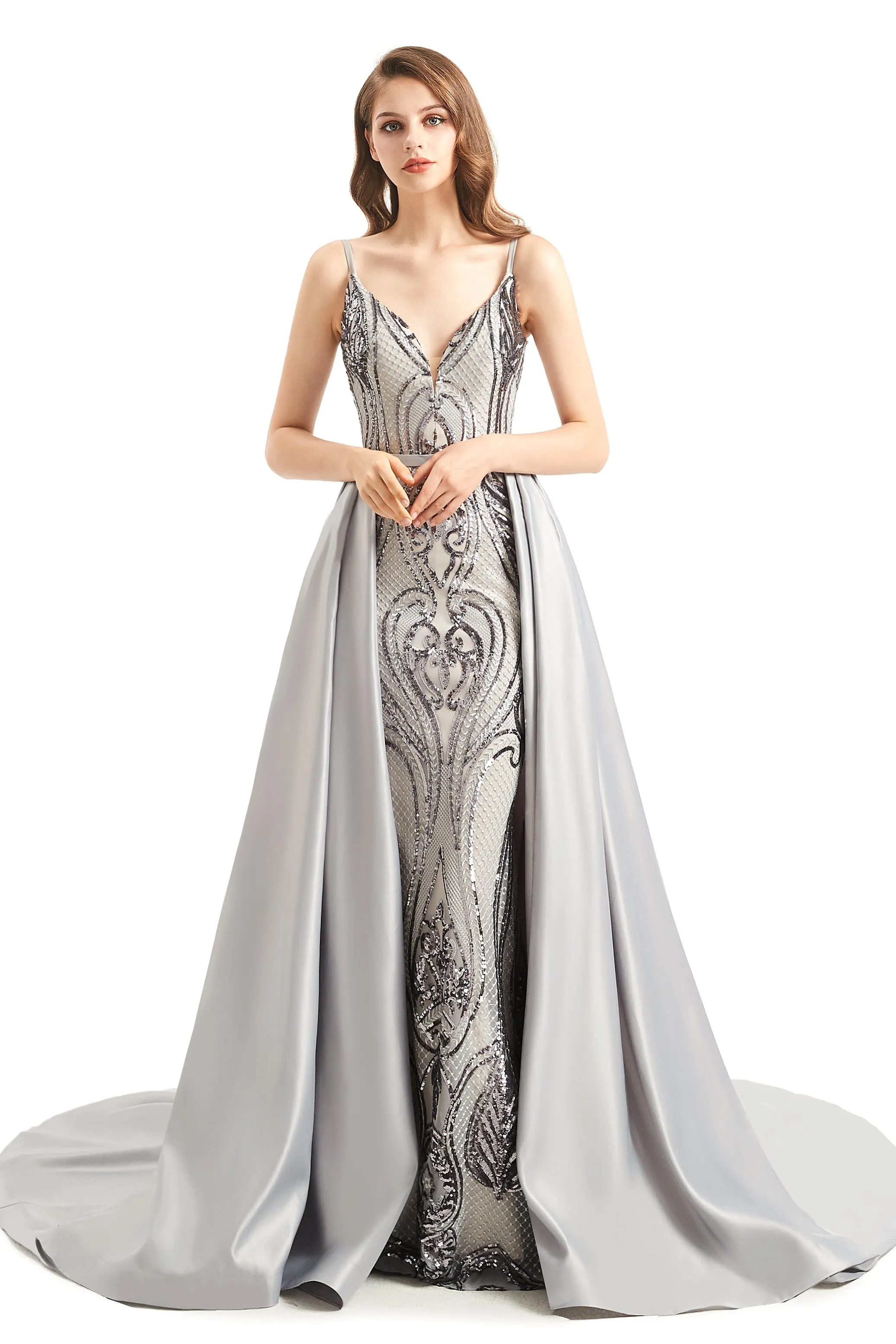Mermaid V-neck Spaghetti strap Lace Sequined Floor-length Sleeveless Backless Prom Dress