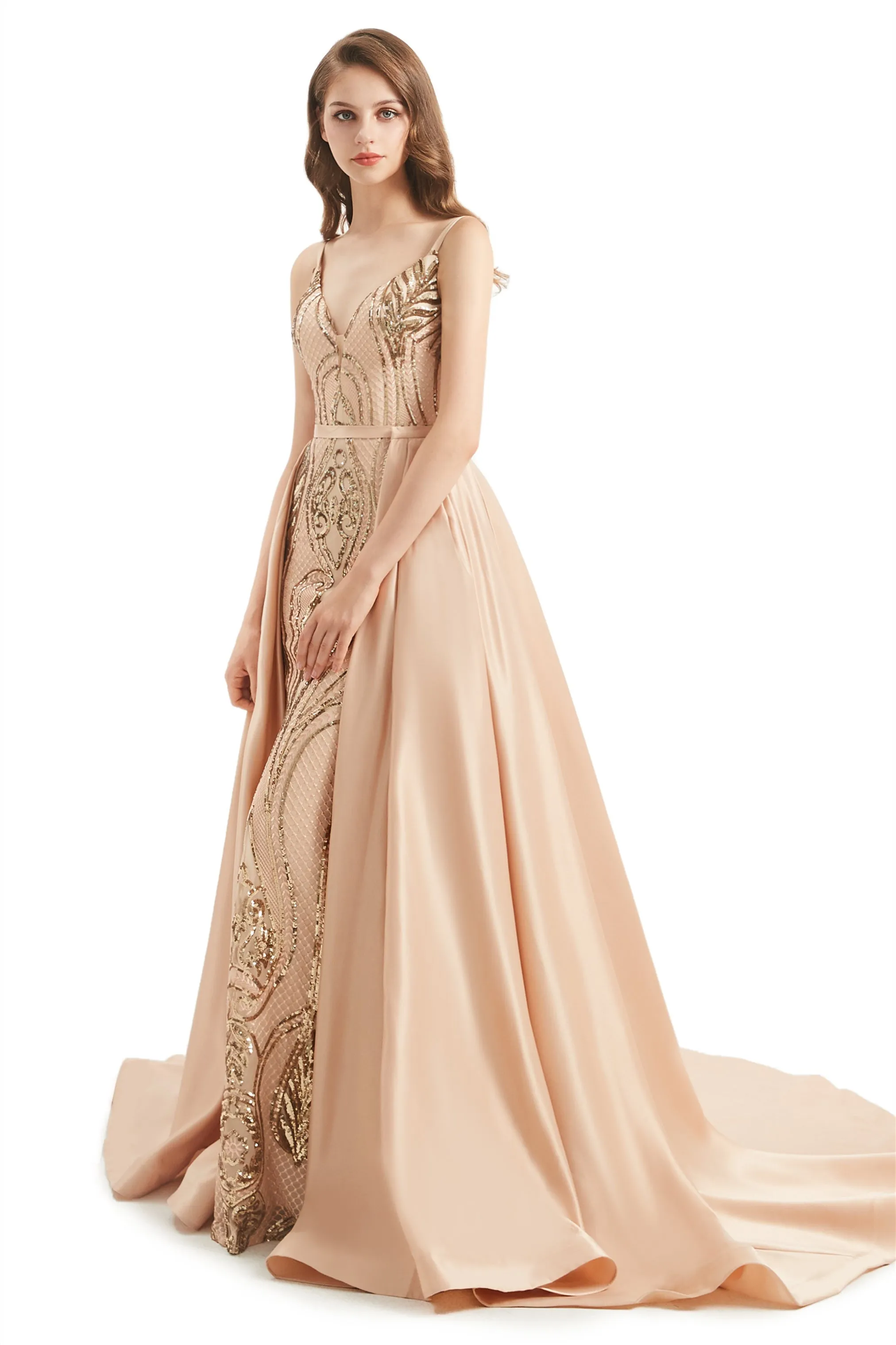 Mermaid V-neck Spaghetti strap Lace Sequined Floor-length Sleeveless Backless Prom Dress