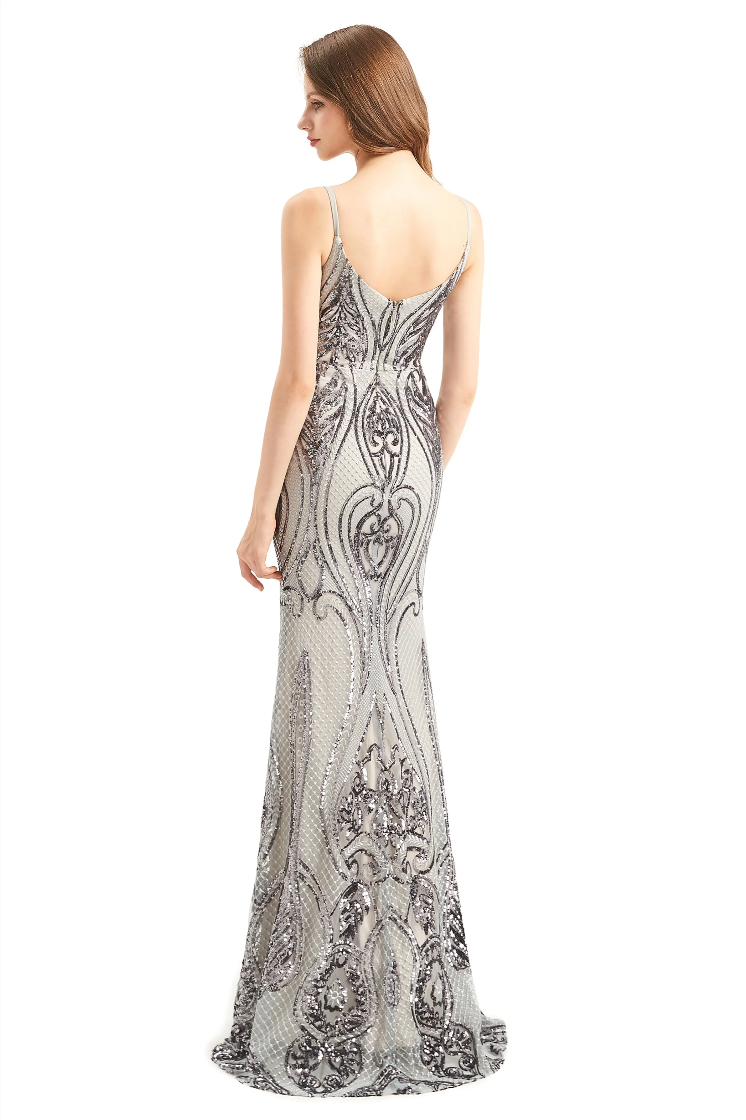 Mermaid V-neck Spaghetti strap Lace Sequined Floor-length Sleeveless Backless Prom Dress
