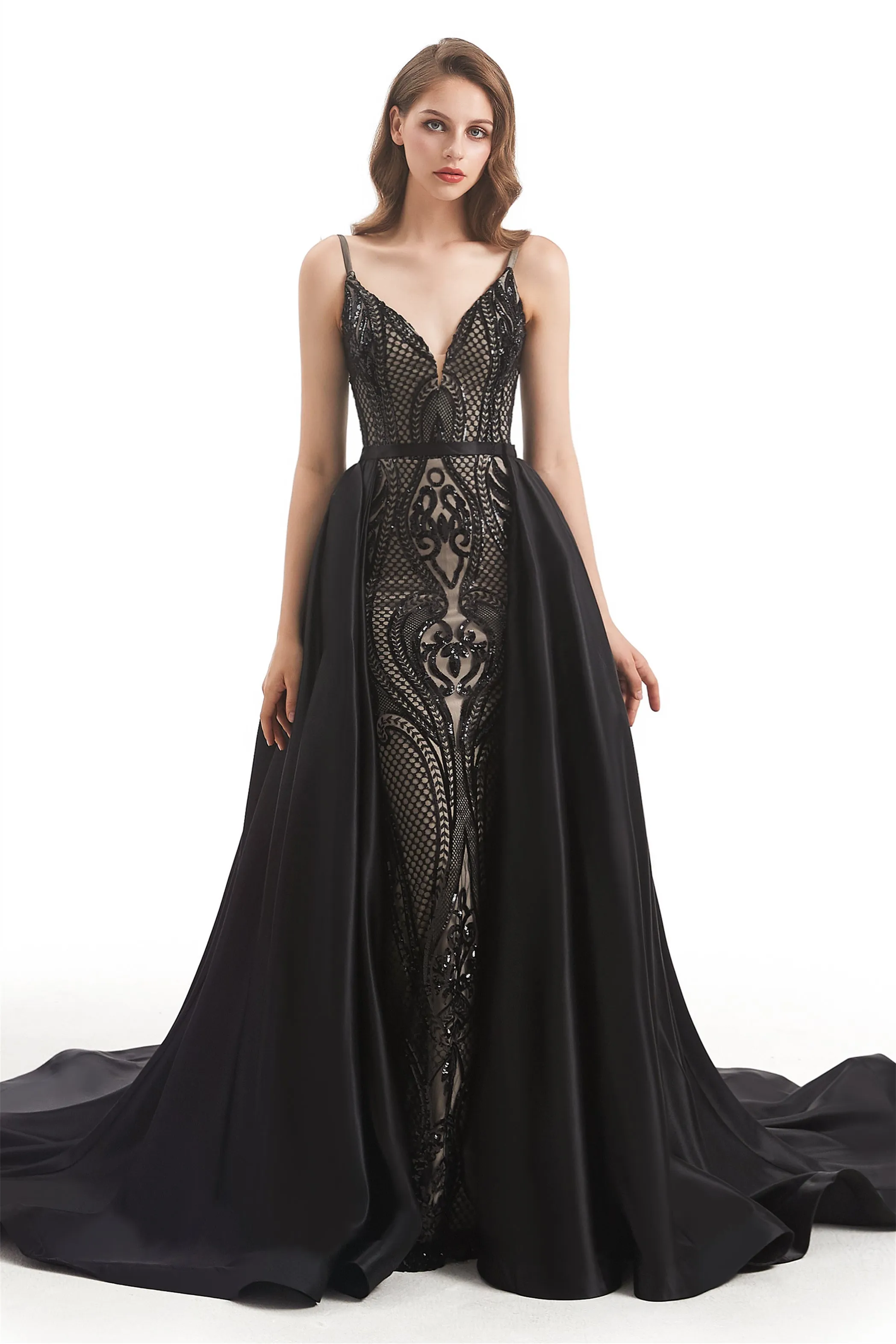 Mermaid V-neck Spaghetti strap Lace Sequined Floor-length Sleeveless Backless Prom Dress