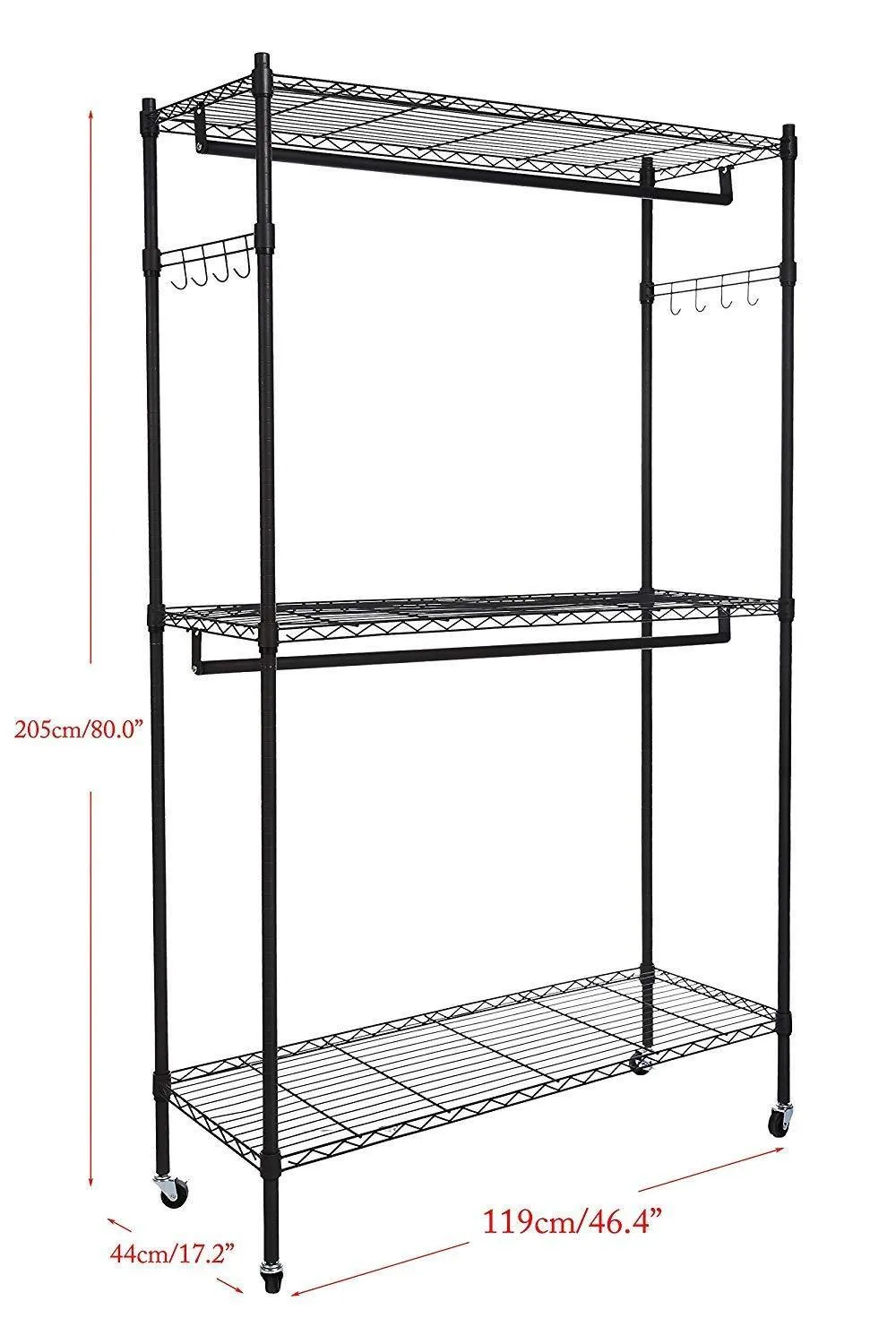 Miageek Heavy Duty Garment Rack Rolling Clothes Rack Free-Standing Shelving Wardrobe Clothes Closet，Storage Organizer with Hanging Rods and Lockable Wheels (Black - Two Pair Hook)