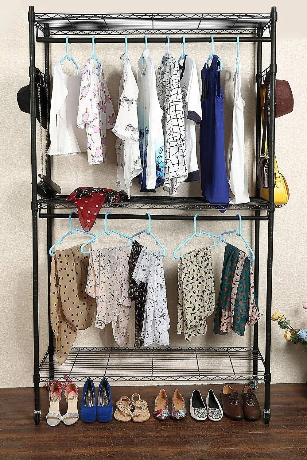 Miageek Heavy Duty Garment Rack Rolling Clothes Rack Free-Standing Shelving Wardrobe Clothes Closet，Storage Organizer with Hanging Rods and Lockable Wheels (Black - Two Pair Hook)