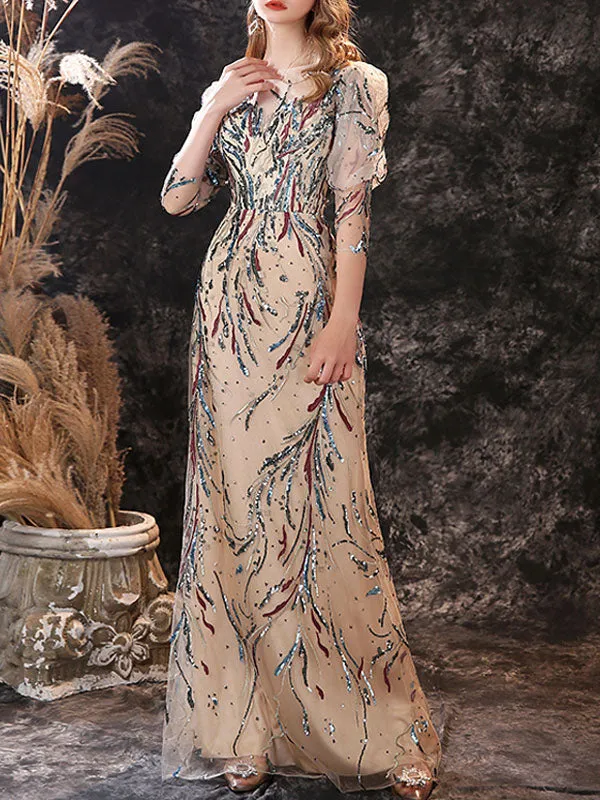 Modern Evening Dress Sheath Jewel Neck Lace Floor-Length Lace Formal Party Dresses