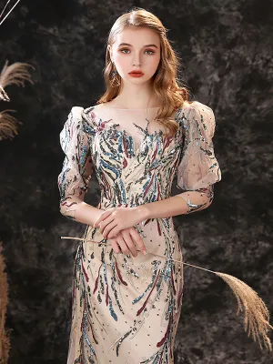 Modern Evening Dress Sheath Jewel Neck Lace Floor-Length Lace Formal Party Dresses