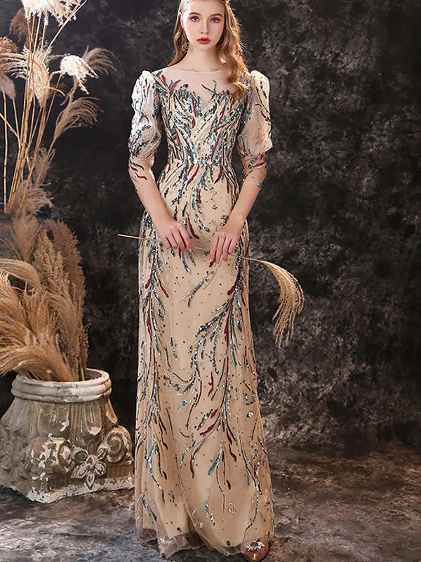 Modern Evening Dress Sheath Jewel Neck Lace Floor-Length Lace Formal Party Dresses