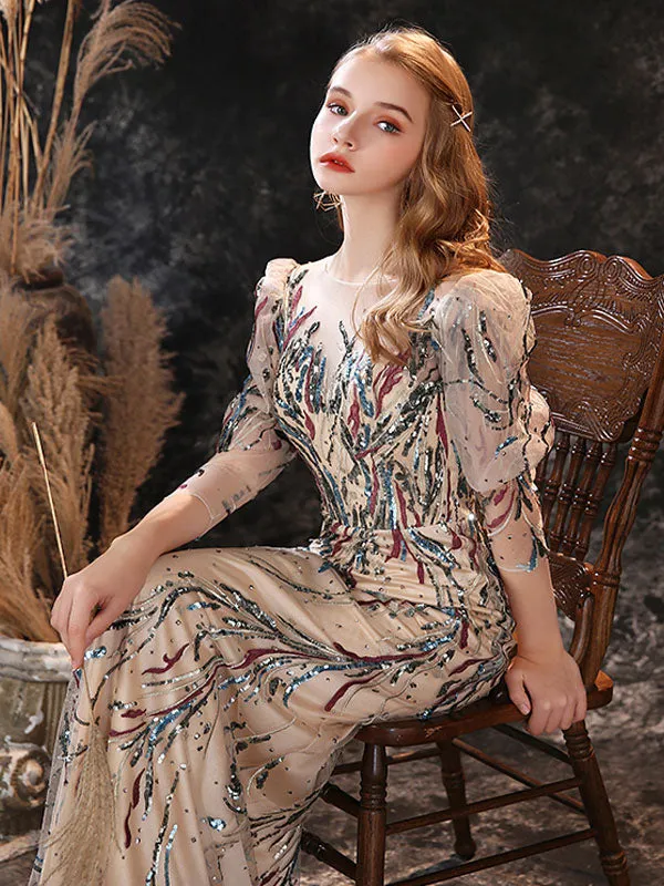 Modern Evening Dress Sheath Jewel Neck Lace Floor-Length Lace Formal Party Dresses
