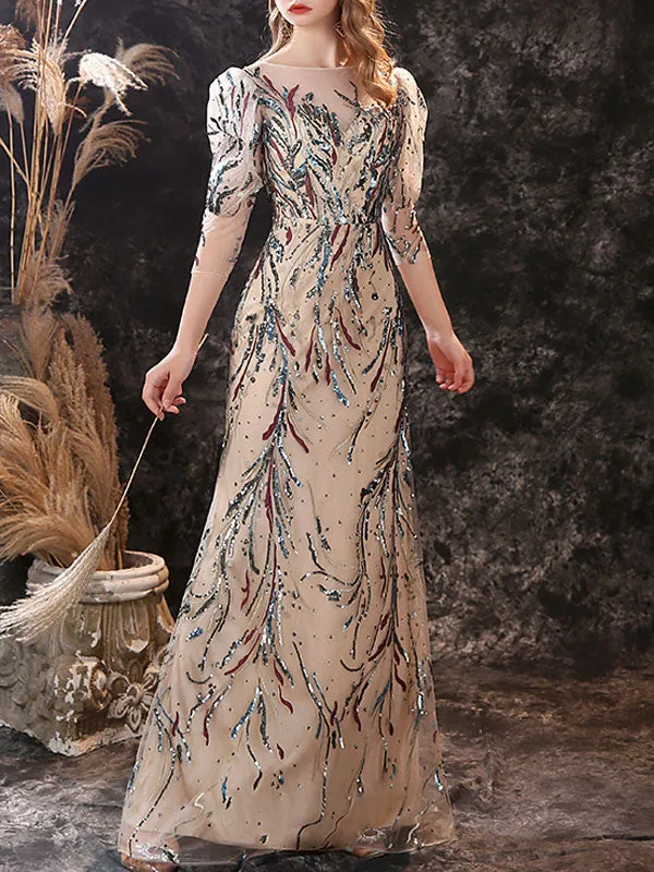Modern Evening Dress Sheath Jewel Neck Lace Floor-Length Lace Formal Party Dresses