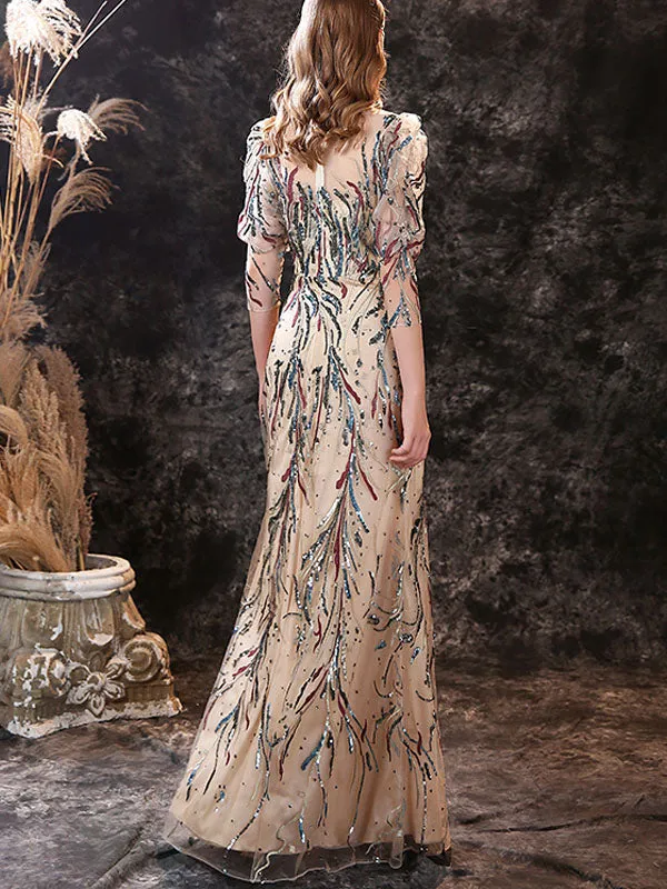 Modern Evening Dress Sheath Jewel Neck Lace Floor-Length Lace Formal Party Dresses