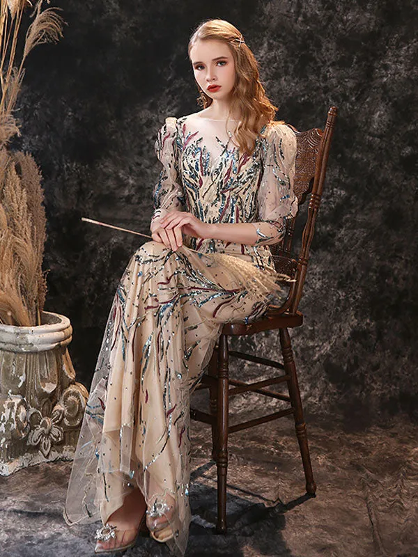 Modern Evening Dress Sheath Jewel Neck Lace Floor-Length Lace Formal Party Dresses