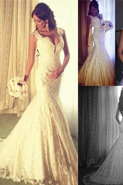 Modern Mermaid V neck Wedding Dress Sparkly Lace Bridal Gowns