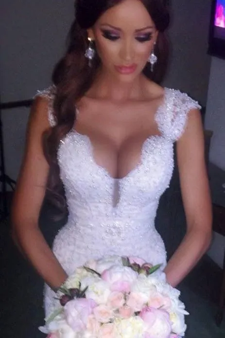 Modern Mermaid V neck Wedding Dress Sparkly Lace Bridal Gowns