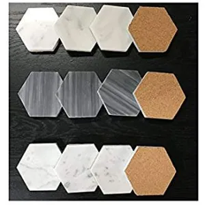 Natural Stone Real Italian Marble Hexagonal Coasters with Cork Backing (6, CARRARA WHITE)