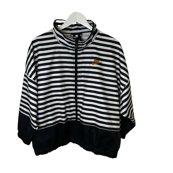 Nike Womens Black WhiteStripe Full Zip Jacket Windbreaker Gold Swoosh L