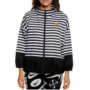 Nike Womens Black WhiteStripe Full Zip Jacket Windbreaker Gold Swoosh L
