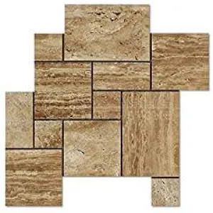 Noce Vein-Cut Travertine Opus Pattern Mosaic Tile, Polished (LOT of 50 SHEETS)