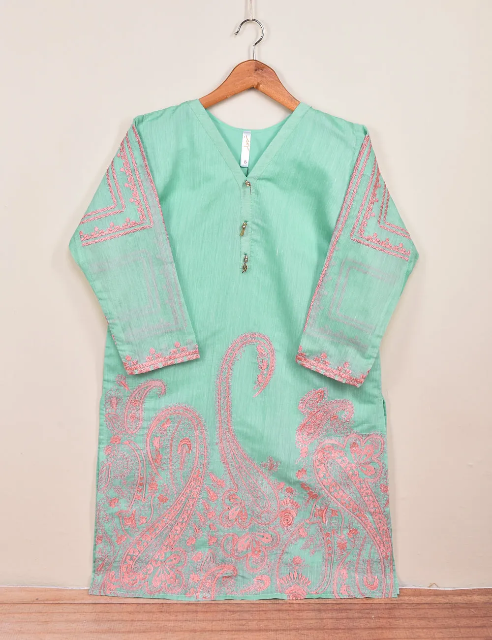 Paper Cotton Embroidered Stitched Kurti - (TS-091A-SeaGreen)