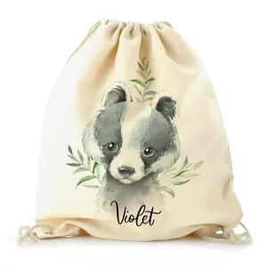 Personalised Canvas Drawstring Backpack with Black and White Badger Leaves and Cute Text