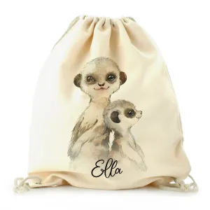 Personalised Canvas Drawstring Backpack with Meerkat Baby and Adult and Cute Text